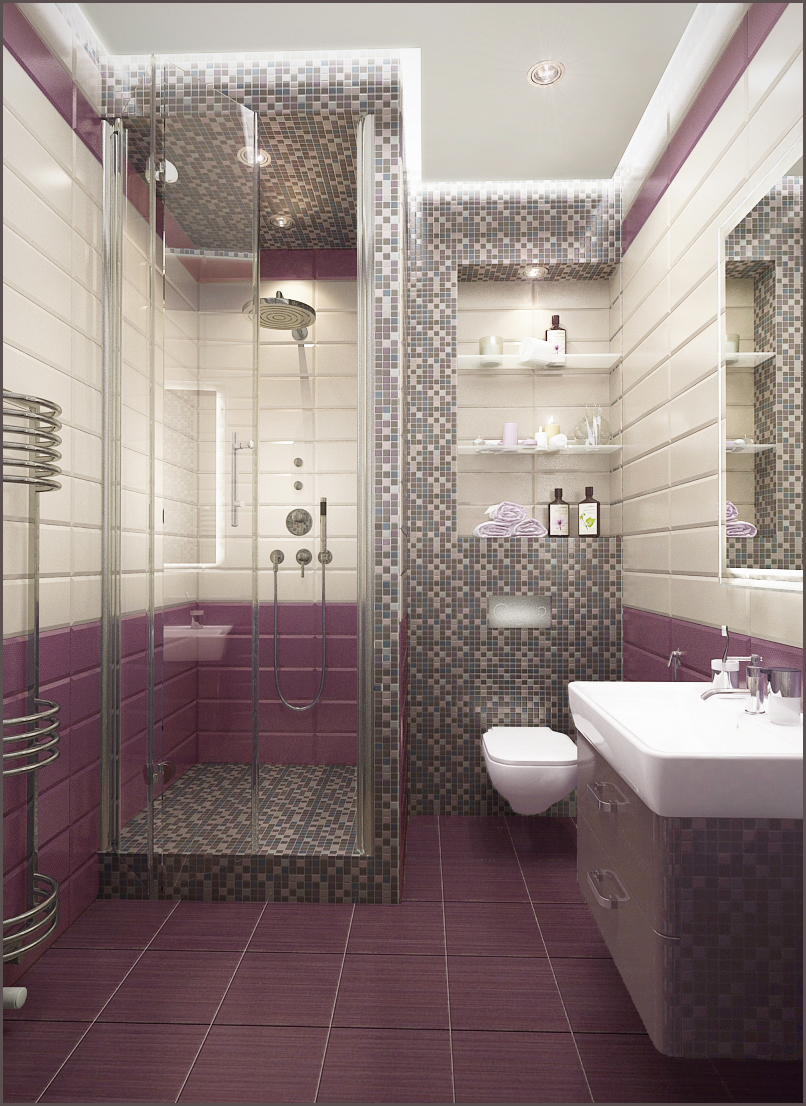 Ou faça um layout de azulejos no banheiro de uma única cor, mas crie   acento brilhante   em uma das paredes (na forma de uma faixa de cor contrastante ou de um painel brilhante)
