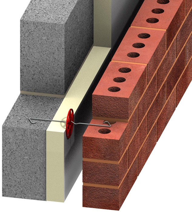 Якщо перев'язку з несучою стіною здійснити не вдається, монолітна облицювання з цегляної кладки без шару теплоізоляції або гідроізоляції кріпиться до будівлі на композитні стрижні або дюбелі